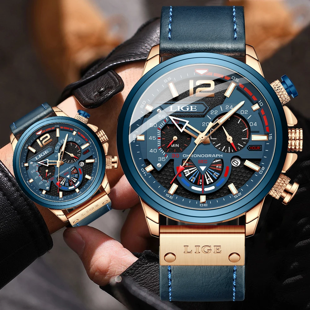 LIGE New Mens Watches Top Brand Luxury Leather Sport Watch Men Fashion Chronograph Quartz Man Clock Waterproof Relogio Masculino