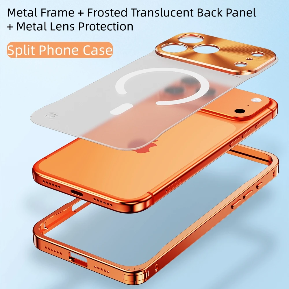 Metal Alloy Frame Magsafe Phone Case For iPhone 17 Air 16 15 14 13 Pro Max Plus Magnetic Bumper Matte Clear PC Backboard Cover