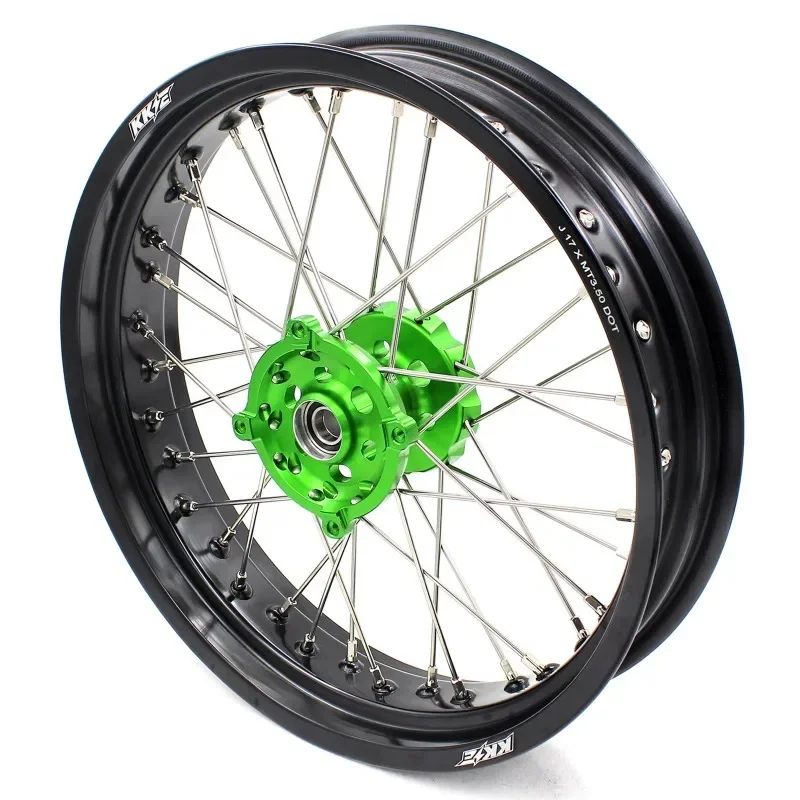 

【2025】 17 Inch Motorcycle Supermoto Alloy Wheels Rims Set For KAWASAKI KX250F KX450F 2006-2023 KX450 2019-2023 Green Hub Black