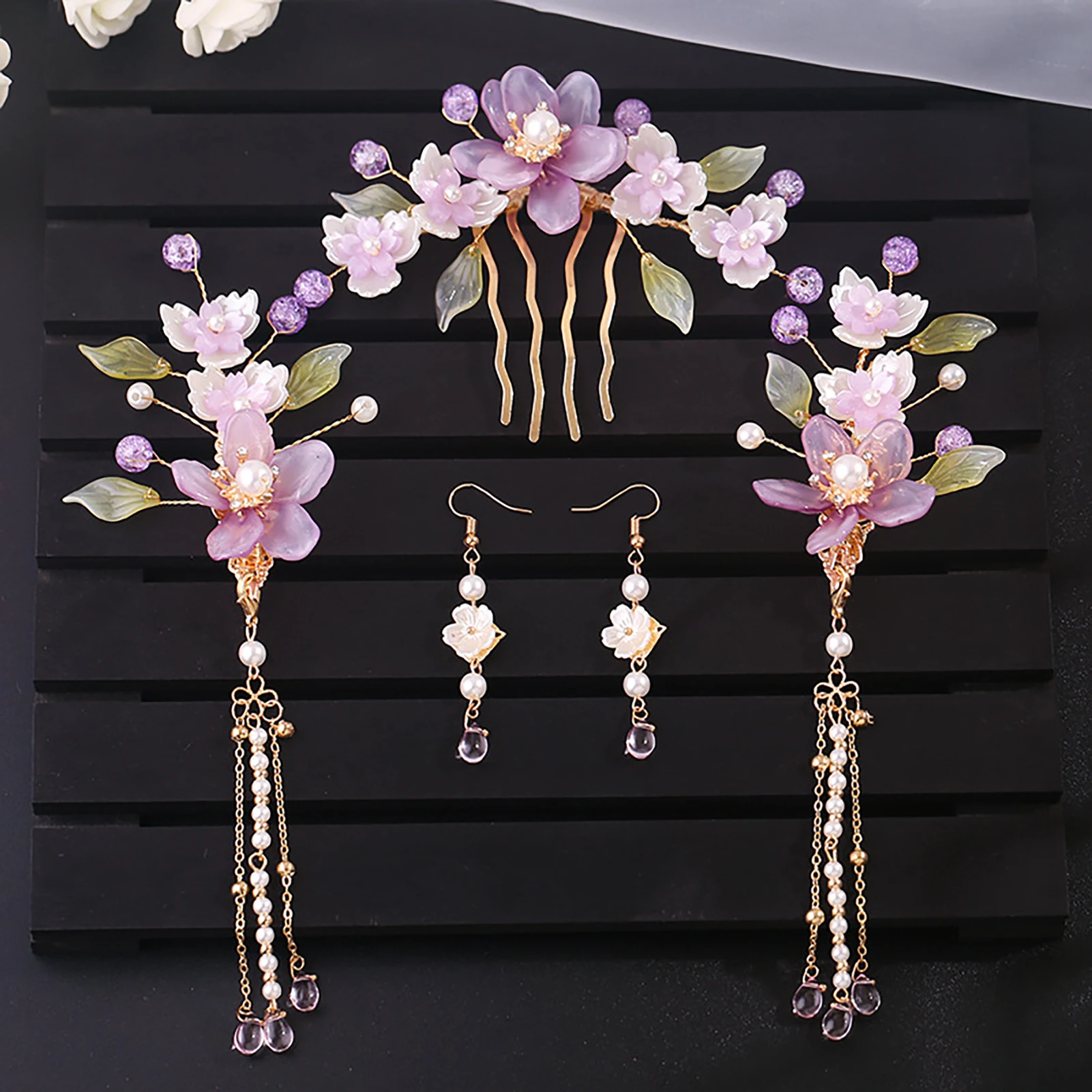 Chinesische Hanfu Haar Stick Haarnadel Ohrringe Haar Zubehör Set Lange Fransen Vintage Haarnadel Blume Handgemachte Hochzeit Haar Schmuck