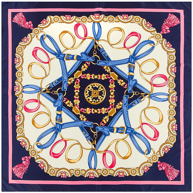 POBING – foulard en soie pour femmes, grand châle, ceinture, chaîne, imprimé carré, Bandana, luxe, Hijab musulman, écharpe, 130CM