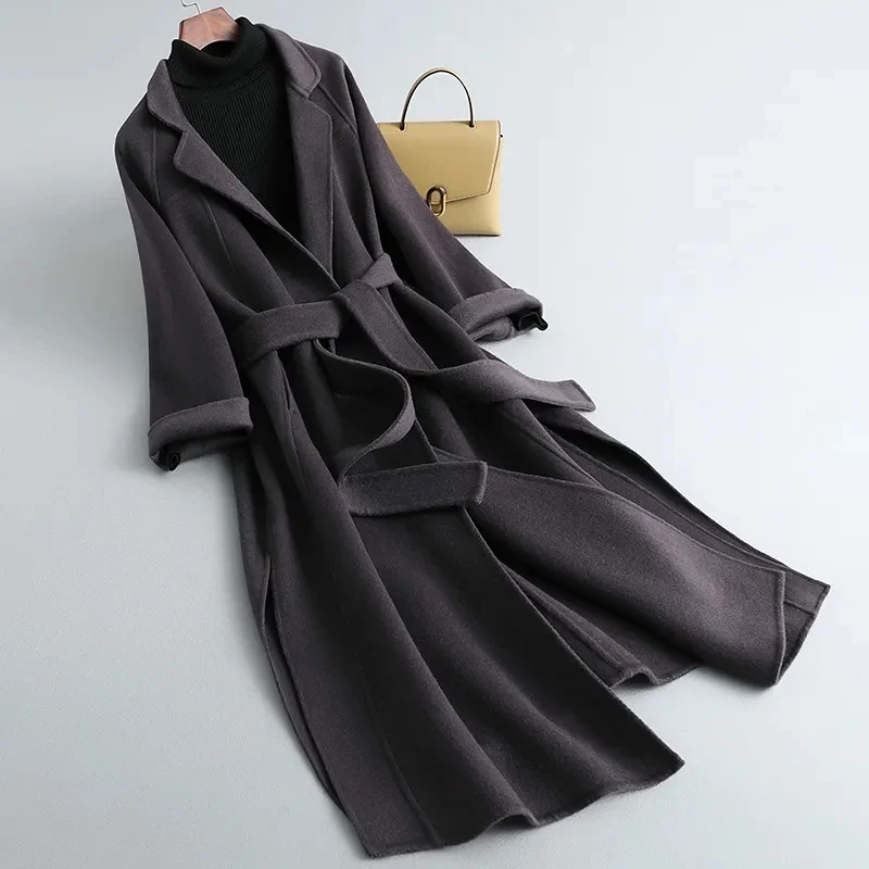 Cappotto di lana double face per donna Slim per l'autunno inverno Nuovo inverno Temperamento di fascia alta Cappotti di lana spessi con cintura