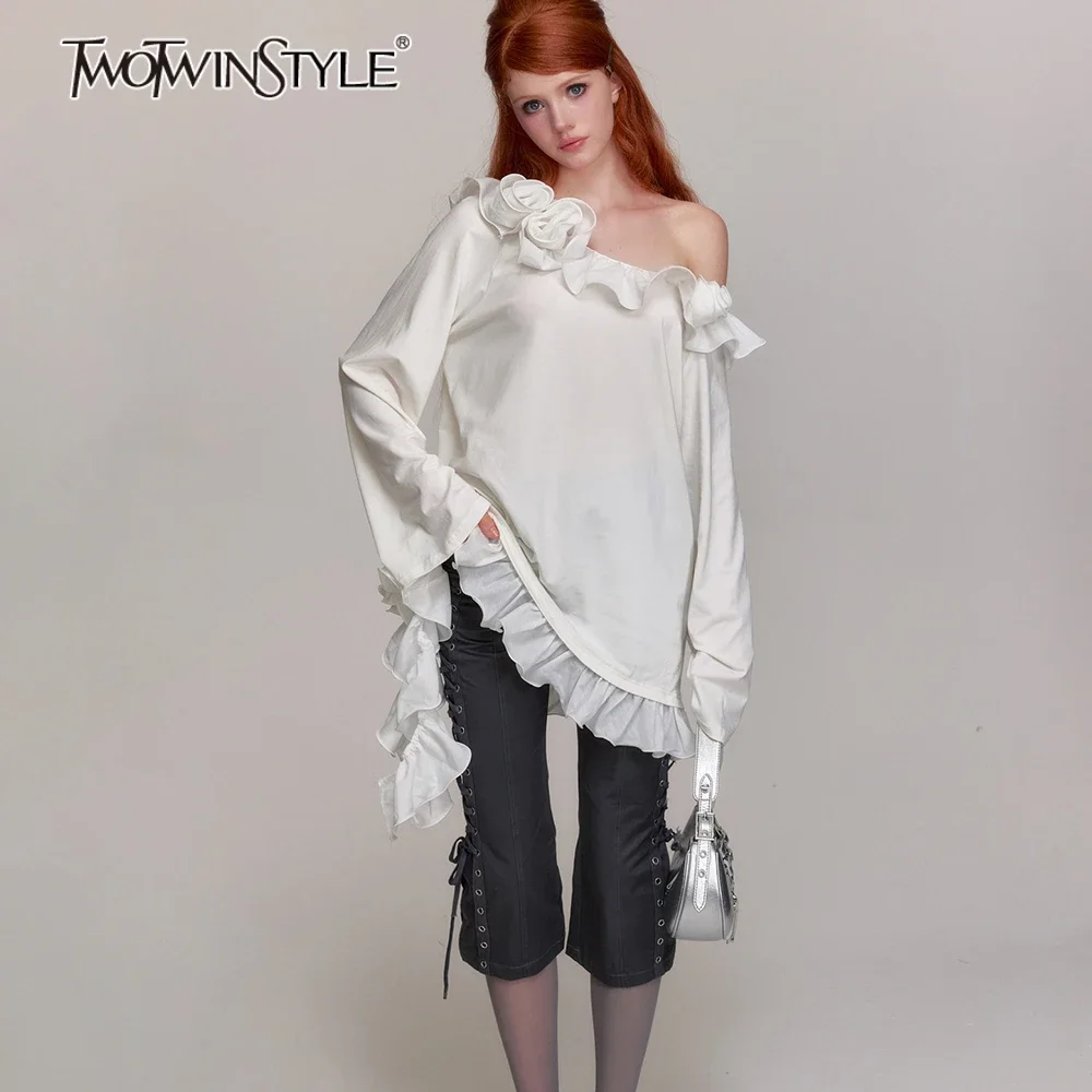 

TWOTWINSTYLE Solid High Street Spliced Ruffles T Shirts for Women Skew Collar Patchwork 3D Flowers Top Female Autumn Clothing