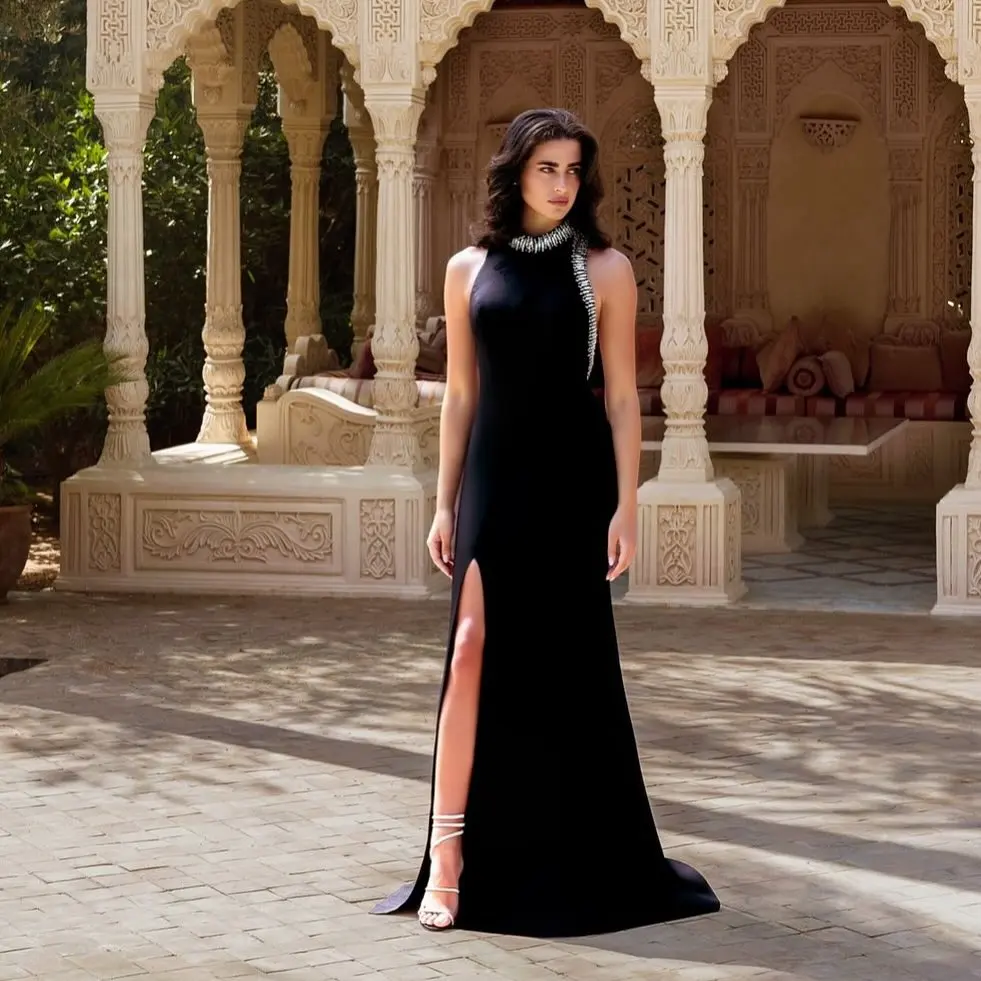 

Customized Exquisite Jersey Mermaid Crystal Evening Dress Temperament Sleeveless High Collar Floor Length Special Occasion Gowns