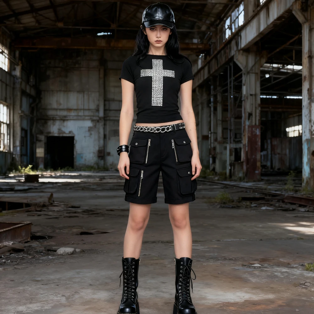 

Новая коллекция лета 2025: готическая футболка с круглым вырезом и принтом в форме креста, тонкий короткий женский топ