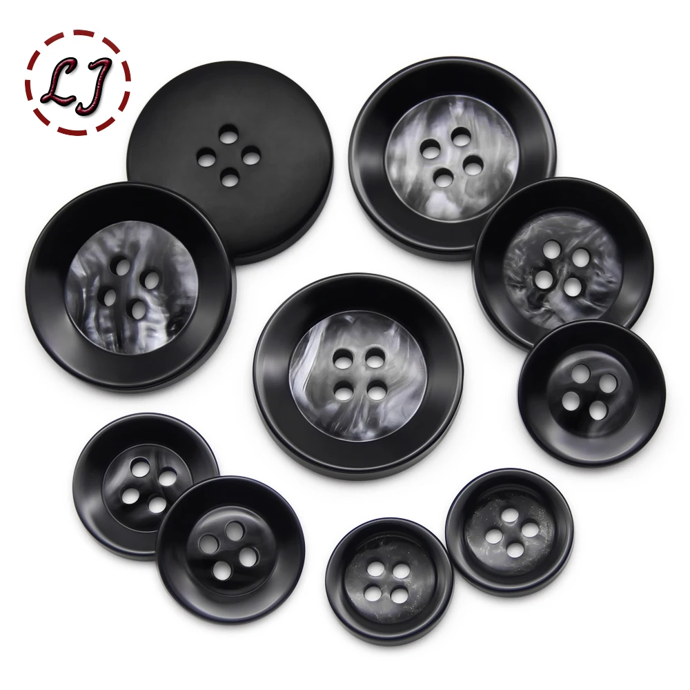10 pieces/batch 4-hole fashionable round resin buttons 15/18/22/25.5mm coat hand sewn black buttons DIY accessories