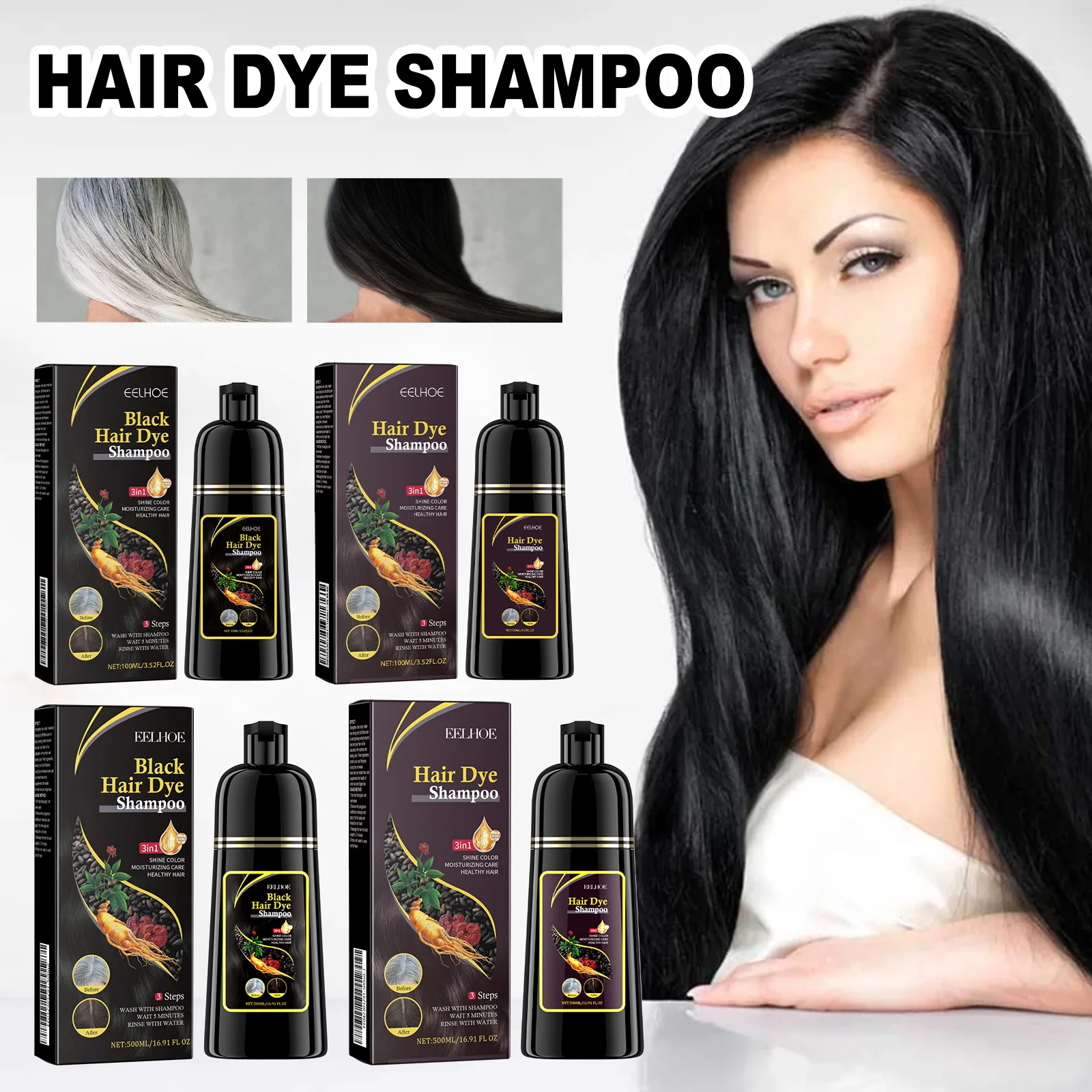 Eelhoe schwarz Haar färbemittel Shampoo Polygonum Multi florum Essenz feuchtigkeit spendendes Haar 3 in 1 Reinigung Reparatur weich machende Haarpflege produkte