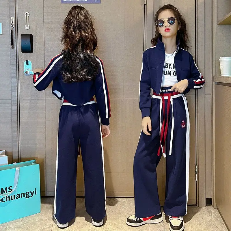 Childrens Teenager Girls Clothing Set Casual Sportwear Striped Short Zipper Coats+Wide Leg Pant 2pcs Suit  3 5 7 9 12 14 15 Year