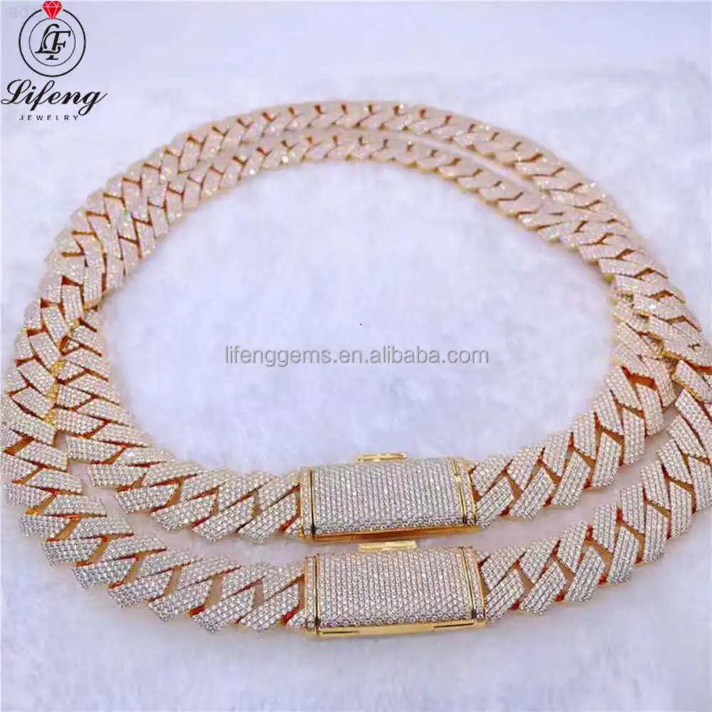 Lifeng Selling 18mm Width Two Rows 925 Silver Gold Plated Vvs Moissanite Hip Hop Jewelry Fulliced Out Diamond Cuban Chain