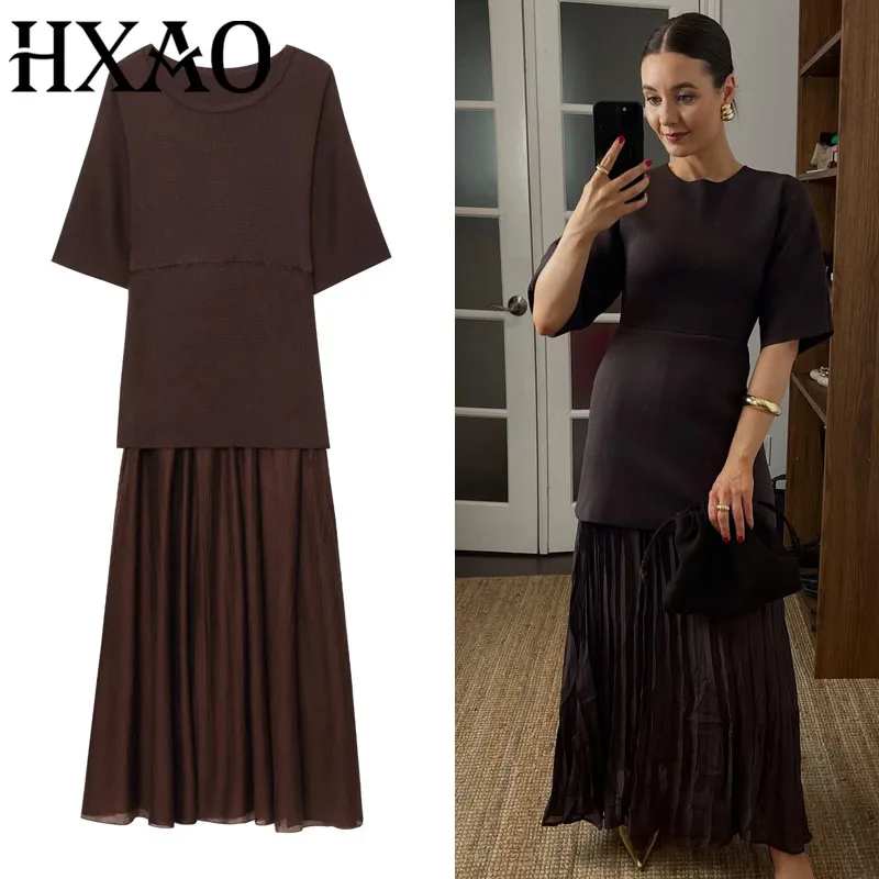 HXAO une pièce femmes robe d'été longue tricotée élégante robes de soirée épissage plis en mousseline de soie à manches courtes décontracté robe féminine