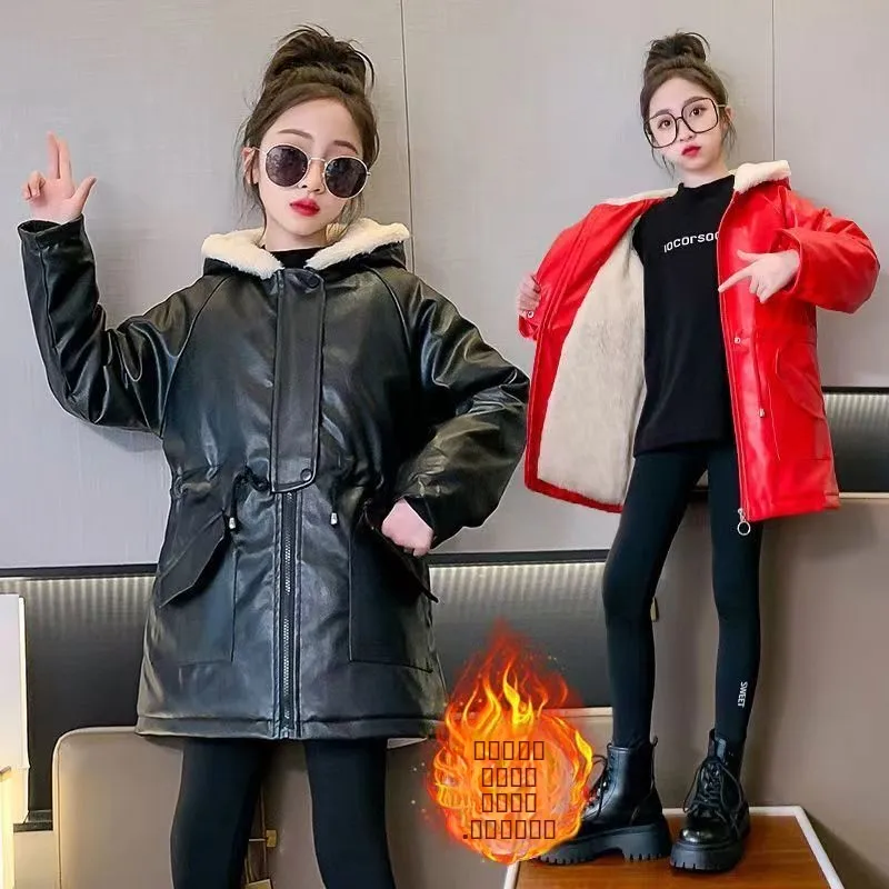 

Girls Winter Leather Jaet Coat Thiened Fce Lined Hooded Trendy Cotton Clothes for Children Ages 7 And below