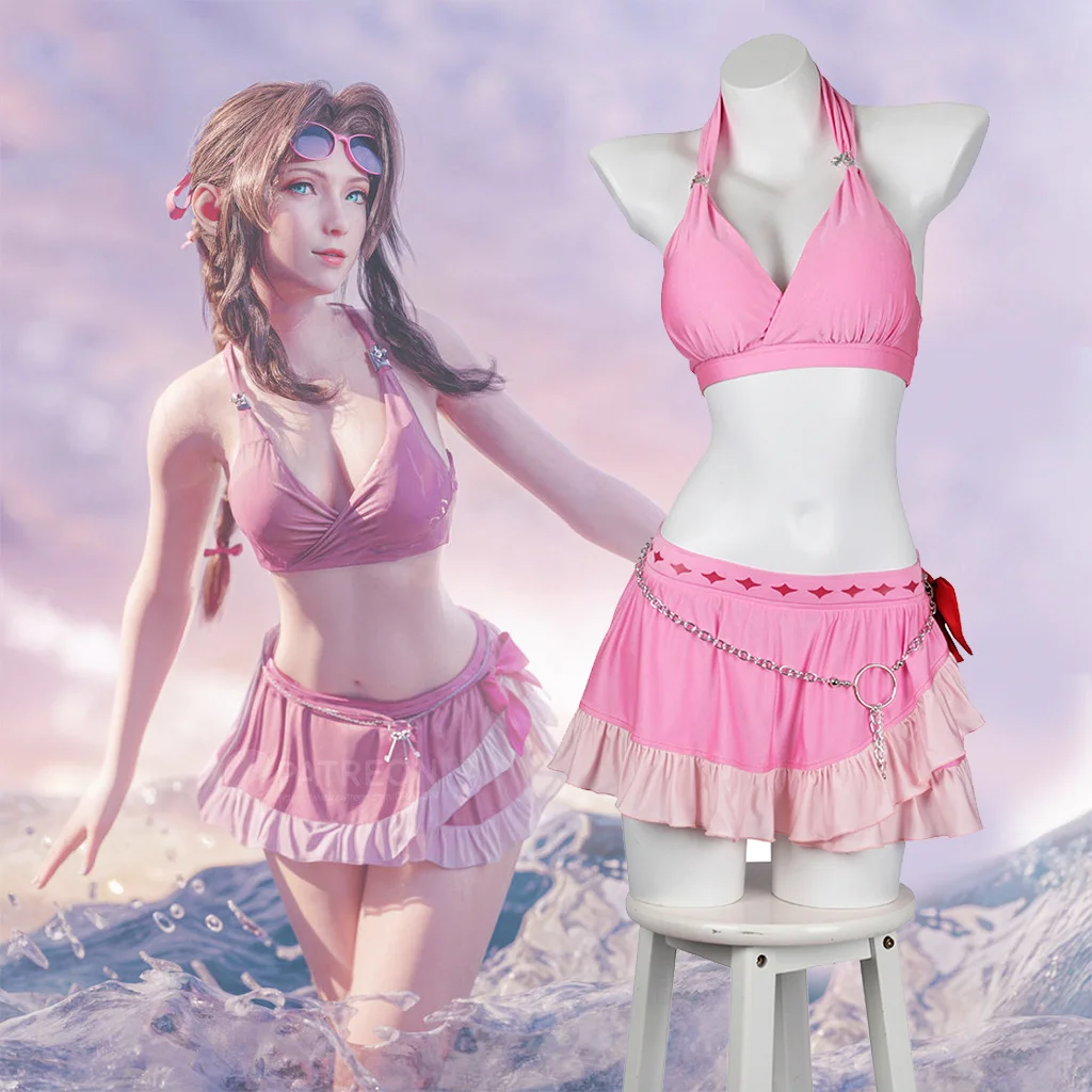 Game FF VII Aerith Gainsborough Cosplay Costume Pink Swimsuit Aerith Gainsborough Sexy Halter Neck Swimsuit 3-piece Set