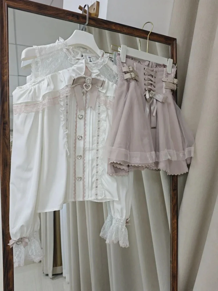 

Spring Japanese Kawaii Lolita Style Skirt Sets Women Sweet Ruffles Off Shoulder Bow Shirt Short Skirts Y2k Aesthetic Cute Set