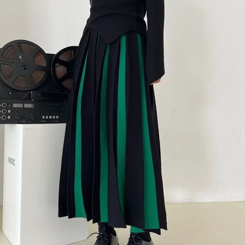 Fashion Patchwork Knitted Long Skirt Women 2024 Spring High Waist Pleated Skirt Woman Chic Striped Mixed Color Midi Skirts Mujer