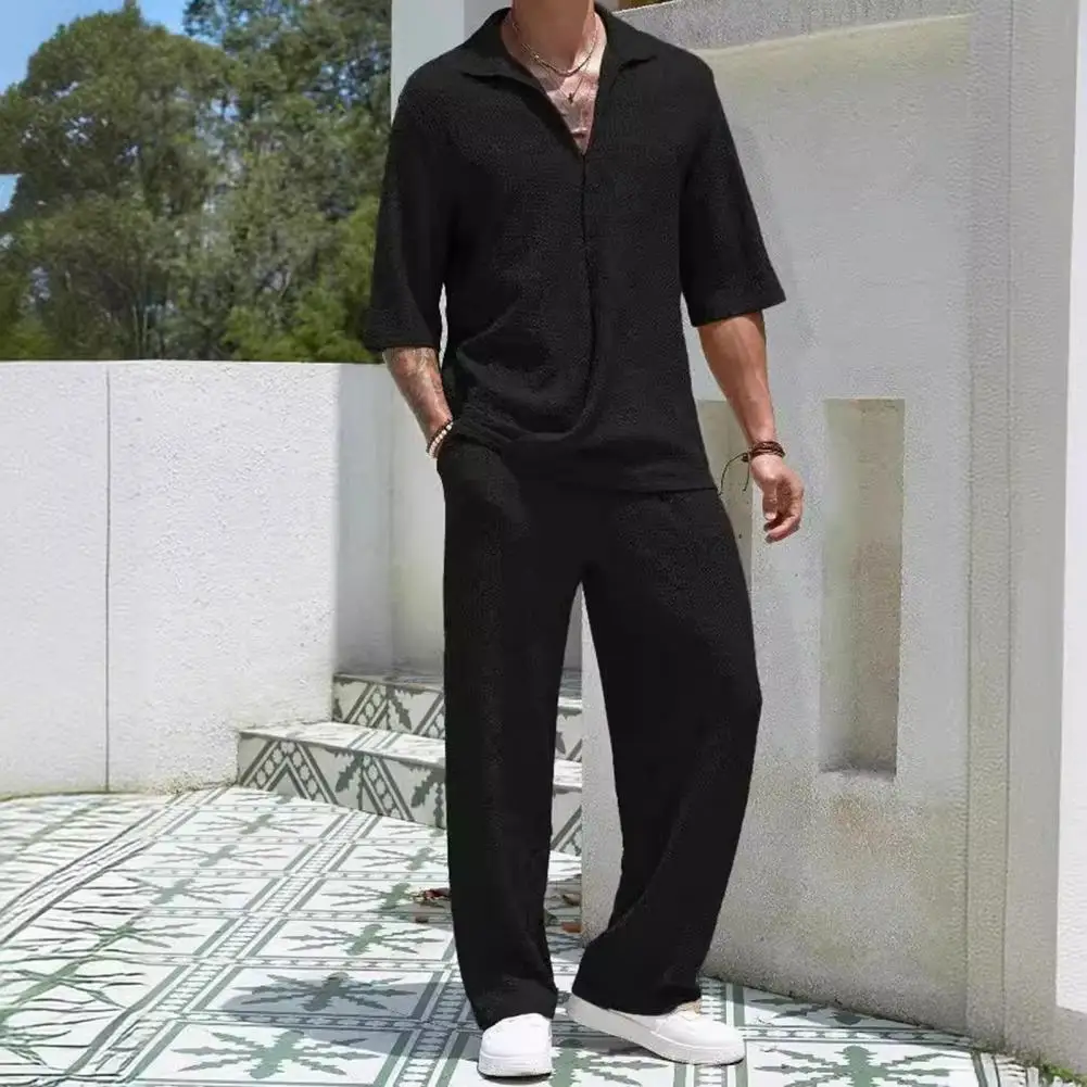 Mens Casual Two Piece Sets Beach Vintage Basic Shirts and Pants Solid Color Casual Suit Male Hawai Tracksuits Set