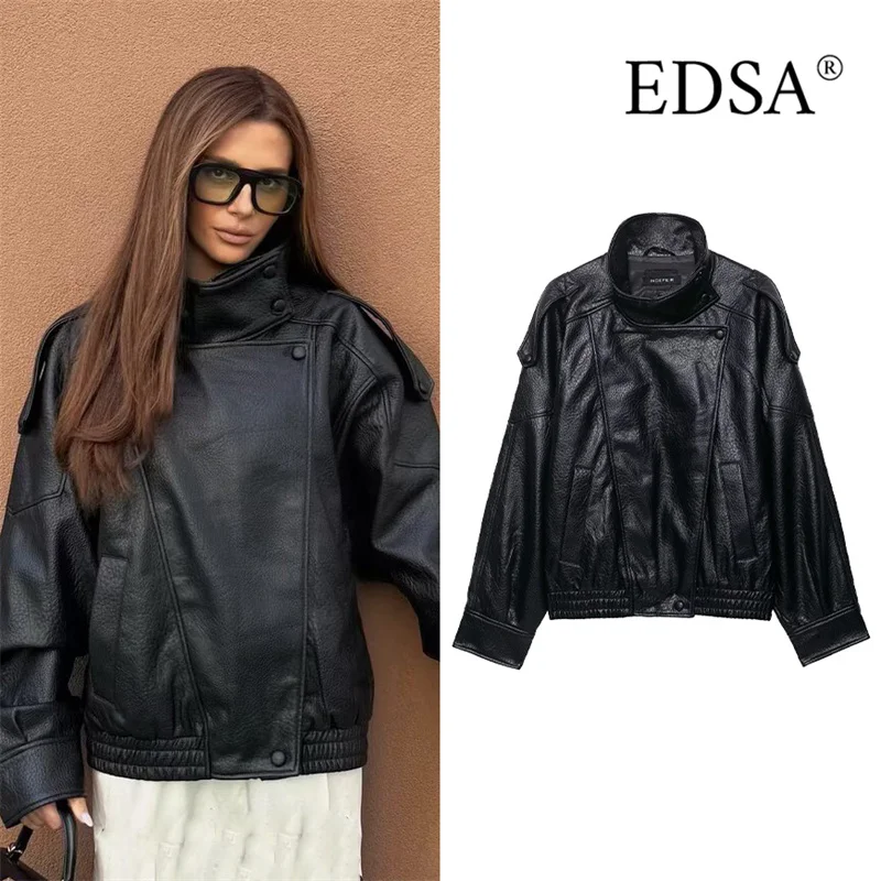 

EDSA Women PU Leather Jacket Coat for Autumn Winter Long Sleeves High Street Stand Collar Side Zipper Outerwear