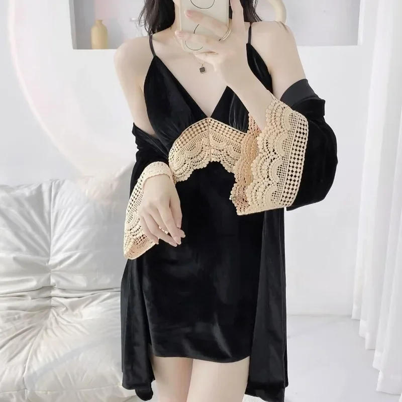 Women's Autumn Winter Lace Loungewear New Sexy Suspended Nightgown Set Beautiful Back Homewear New Nightskirts Velvet Pajamas