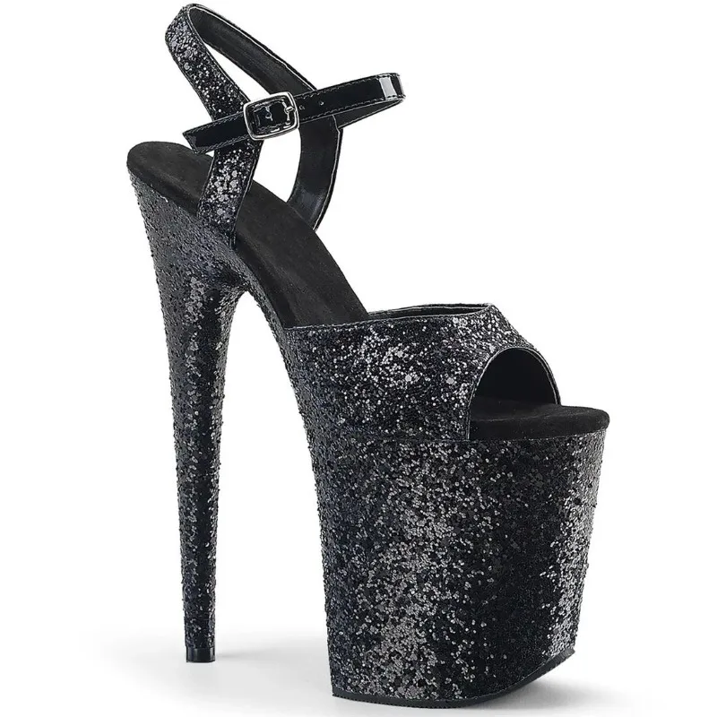 

20cm Super High Cinderella Crystal Pole Dance Shoes High Heeled Fish Mouth Shoes Sequins Platform Striptease Pole Dance Sandals