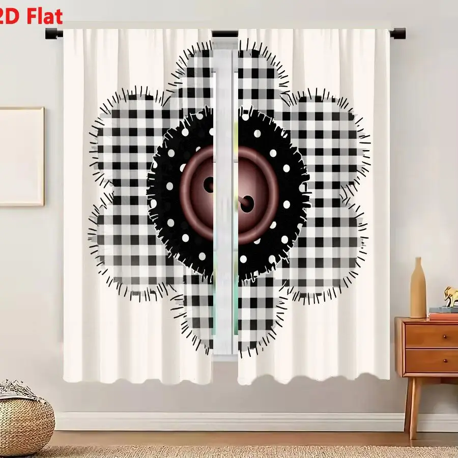 2Pcs Curtains Add 2D Flat Stylized Flower Badge With Brown Button Black Polka Dot Ring And Gingham Petals Window Drapes for Bedr