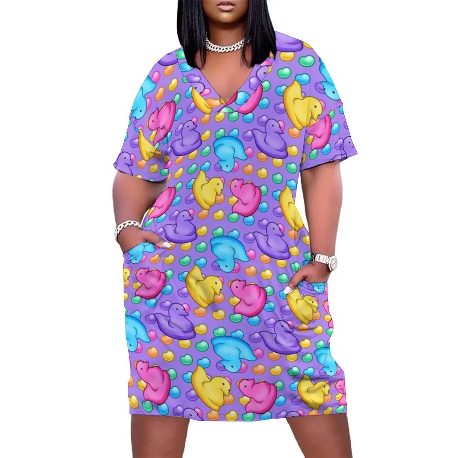 

Marshmallow Peeps w/ Rainbow Jelly Beans on Purple - Easter Peep Chick Loose Pocket Dress womens clothing dress party night