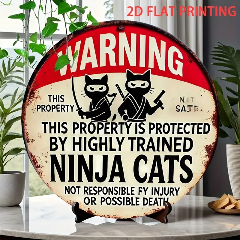 2D Flat, Ninja Cats Protect Property Humorous Wall Decor - 8 Inch Round Wrought Iron Sign with HD 2D Printing, American-Style Do