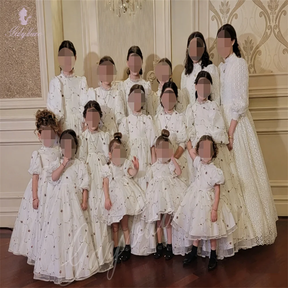 Custom Puffy Sleeve Flower Girl Dress Suitable For Weddings Rose Embroidered Children's Toddler Communion Baptism Dress