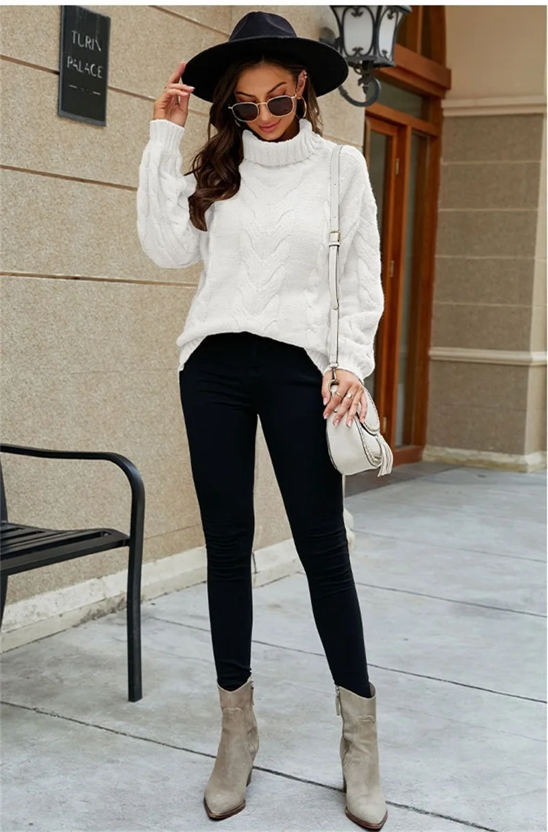 High Collar Pattern Women Knitwear Oversize Pagoda Sleeve Thick Sweater Loose Multiple Colours Mid-Length Woolly Newest In Stock