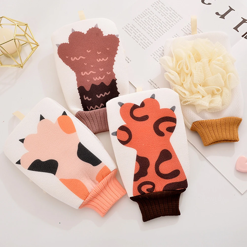 

4pcs Bath Gloves Cartoon Print Spa Mitts Deep Cleansing Double Sided Body Scrubber Shower Exfoliating Massage Soft Baby Kids