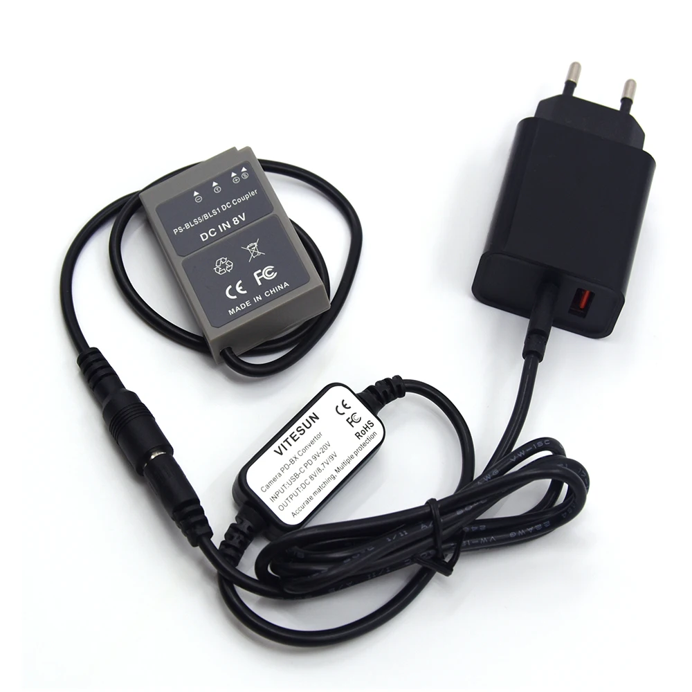 PD 3.0 Charger+ USB-C DC Cable+BLS-5 Dummy Battery BLS5 DC Coupler for Olympus OM-D E-M10 E-M10 Mark II III E-PL7 E-PL5 Camera
