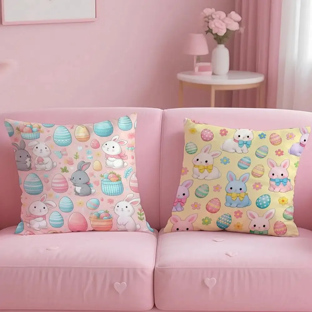 

Happy Easter Bunny Pillowcase Peach Skin Colorful Egg Cushion Cover Spring Home Decor for Sofa Kids Room Throw Pillow Case 1 PC