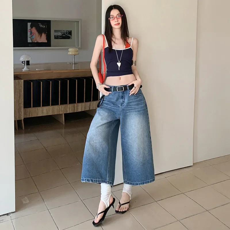 

Summer's New Design of High-waisted Loose Seven-inch Jeans, Fashionable American Retro Straight-leg Wide-leg Jeans for Women