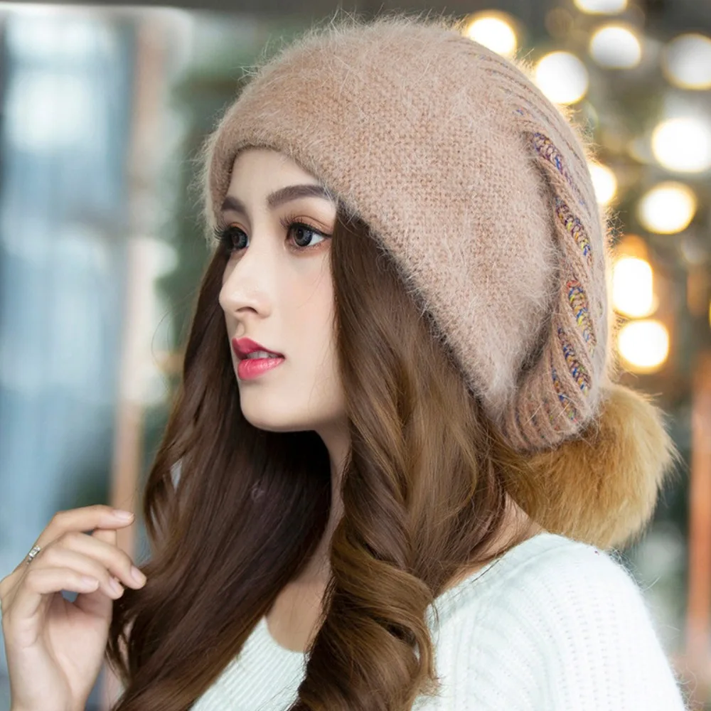 Women Winter Hat Decorate Beanie Hats Rabbit Fur Warm Winter Cap for Female Casual Streetwear Knitted Caps Gorras Para Mujer 모자