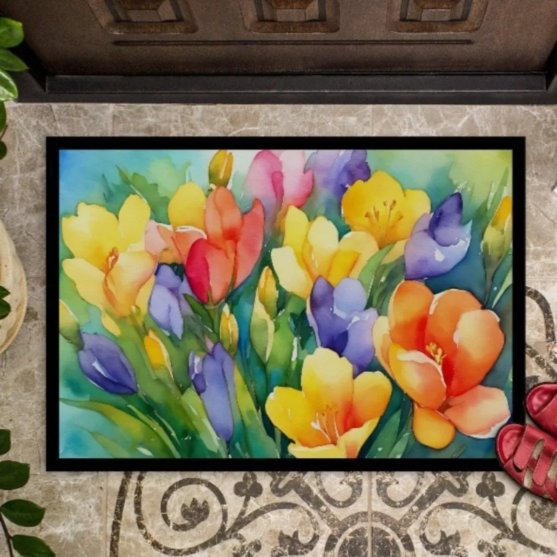 

Watercolor Freesias Doormat 24H×36W Non-Slip Washable Low Pile Rug for Indoor Outdoor Entryway