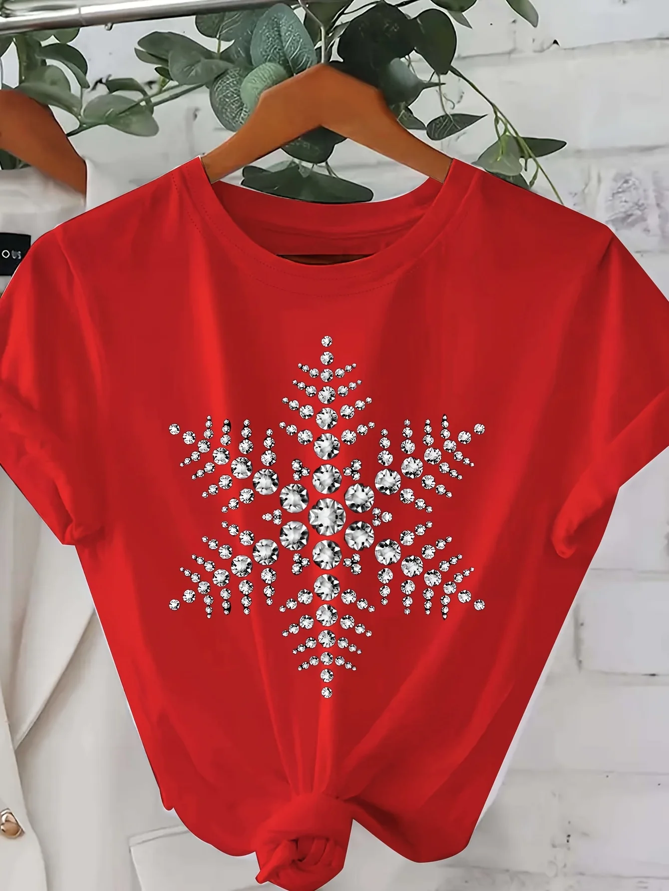 Dames casual T-shirt met ronde hals en baksteen-sneeuwvlokprint, 95% polyester 5% elastaan, geometrisch patroon, normale lengte,