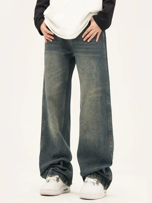 

Мужские потертые широкие джинсы, свободные джинсовые брюки с манжетами и клетчатой подкладкой, повседневная уличная одежда, мешковатые брюки