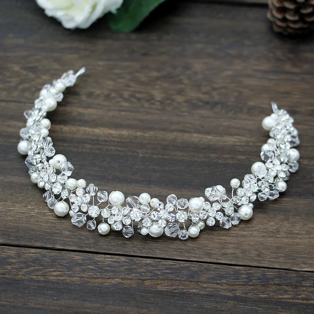 Bridal Pearl Headband Silver Crystal Rhinestone Hair Band Delicate Headdress for Women Wedding Festivals Photography
