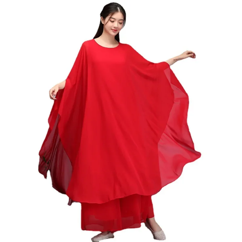 Calças largas para meninas, três camadas, roupa de chá chiffon grande, roupa zen, meditação budista, vestido de dança para meninas, estilo nacional