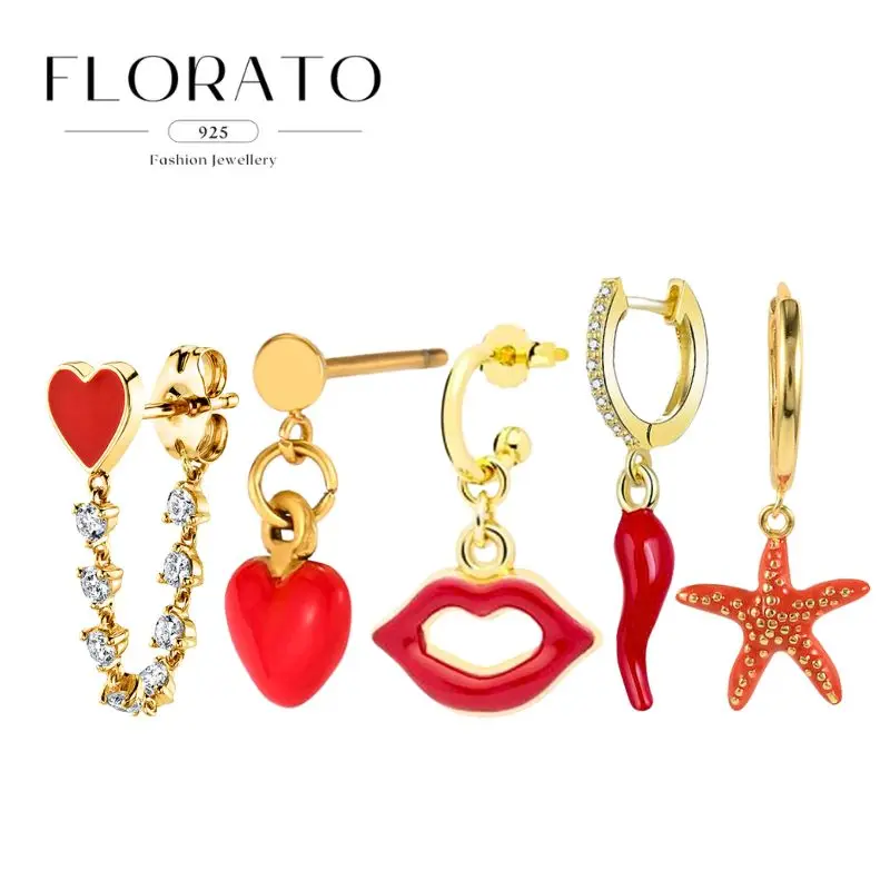 

925 Silver Needle Red Heart/ Lips / Pepper Pendant Hoop Earrings Romantic Enamel perforated Earrings Niche Fashion Party Jewelry