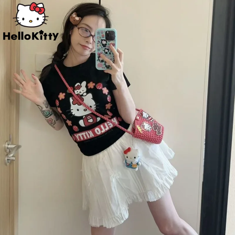 

Sanrio, Hello Kitty Милая футболка из чистого хлопка с принтом 2024 модная новая нишевая дизайнерская короткая футболка Корейская версия Милая футболка Y2k для девушек