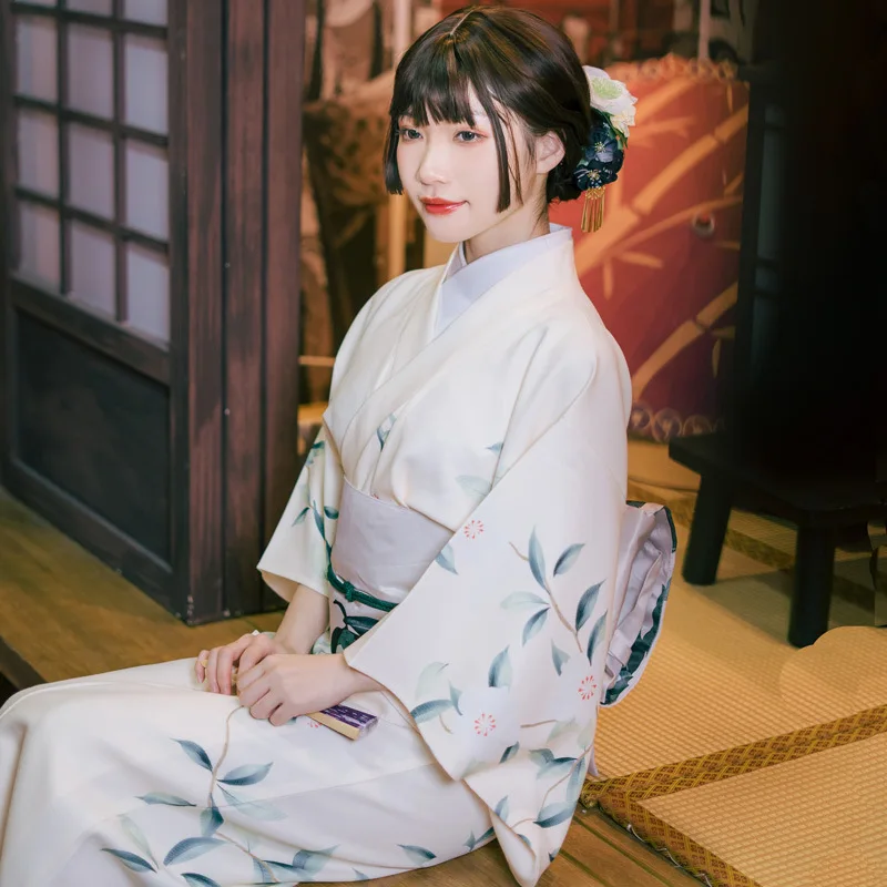 Japan Style Women's Kimono White Color Traditional Modified Yukata Travelling Photography Dress Cosplay Costume