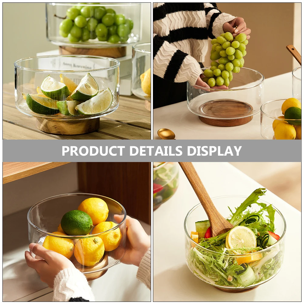 مجموعة واحدة من وعاء الفاكهة الزجاجي مع قاعدة خشبية وعاء تقديم السلطة الشفاف الكبير لتخزين الحلوى والخضروات أداة المطبخ متعددة الأغراض #6