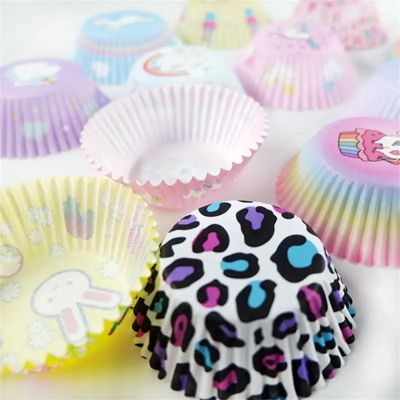 100pcs Colorful Cupcake Paper Marfen Cup Printed Cake Paper Tray Tube Packed Cake Cup Baking Oil-proof Home Kitchen Bakeware