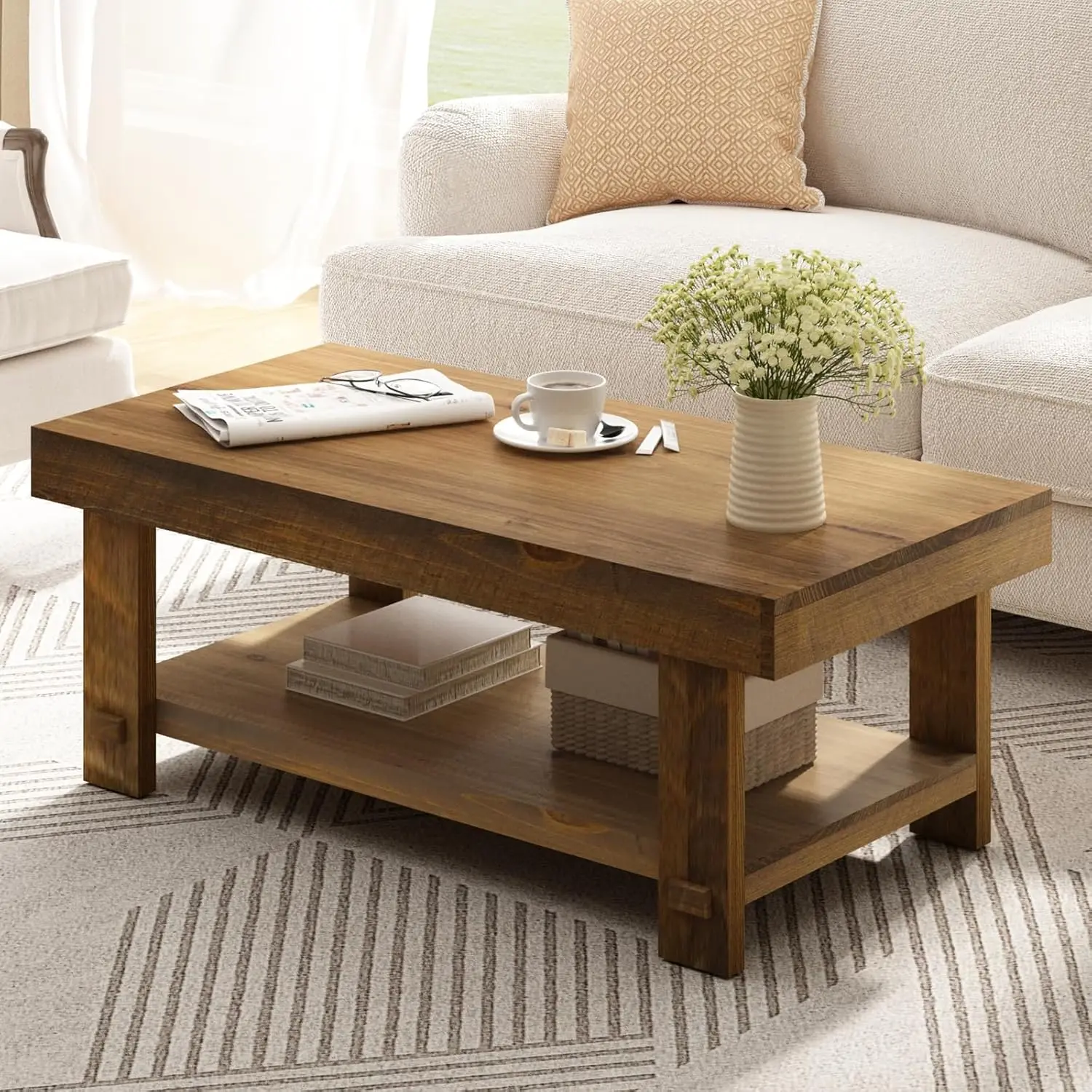 

42.5" Rustic Solid Wood Coffee Table with Storage Shelf for Living Room, Natural, Customized