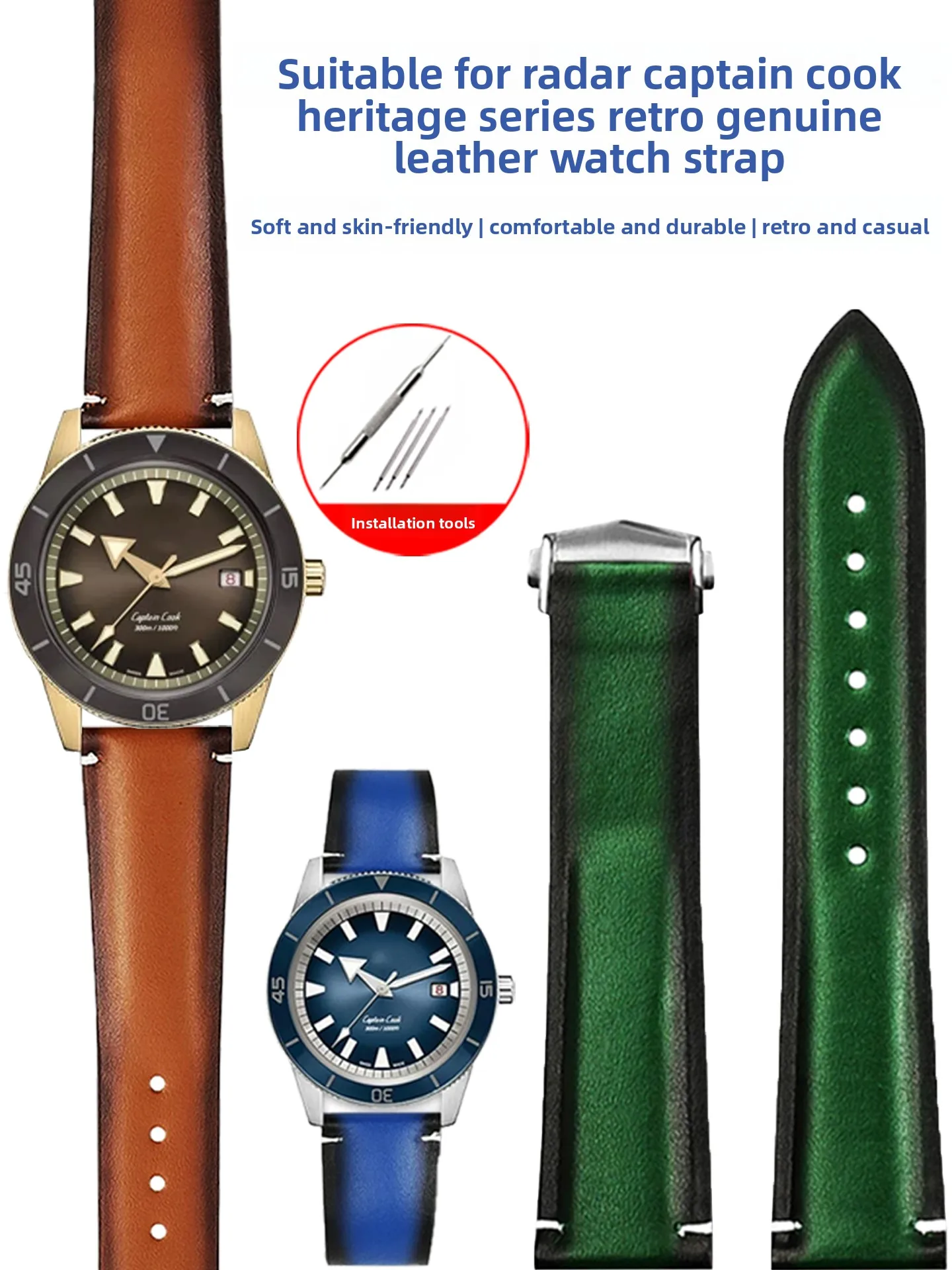 Vintage Leather Watch Strap for Radar Captain Cook Heritage Blue-Brown-Green Copper Soft Cowhide Bracelet 21mm