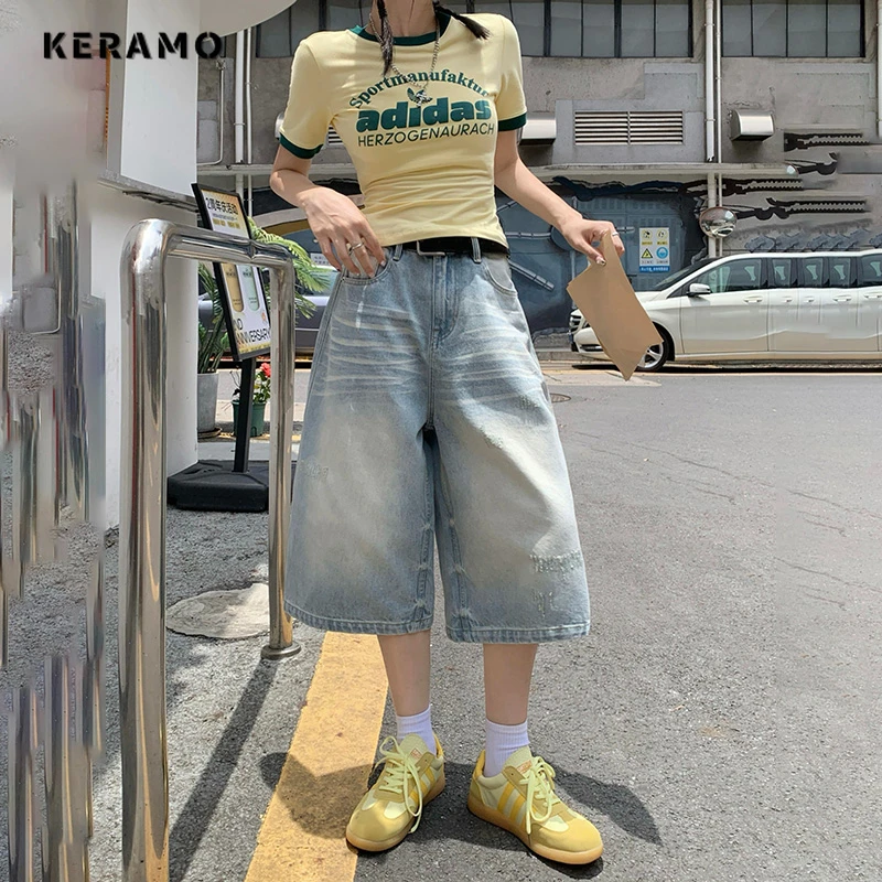 Damen lässig Retro weites Bein Baggy Denim Shorts Harajuku solide hohe Taille lose Jeans 2000 Sommer 1920er Jahre hellblaue Shorts