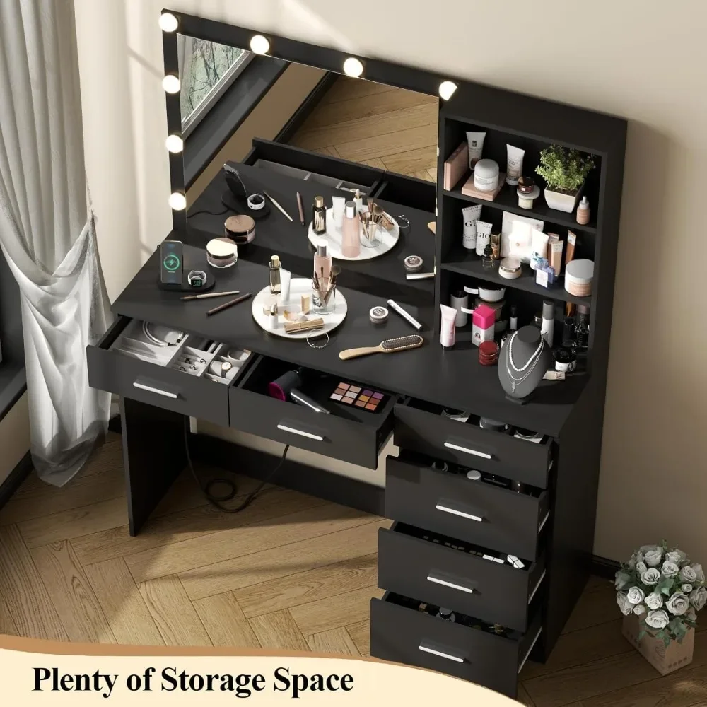 Vanity Desk with Lighted Mirror & Power Outlet, Makeup Vanity Table with 6 Drawers, 3-Tier Shelf, Vanity Dresser with 10 Lights