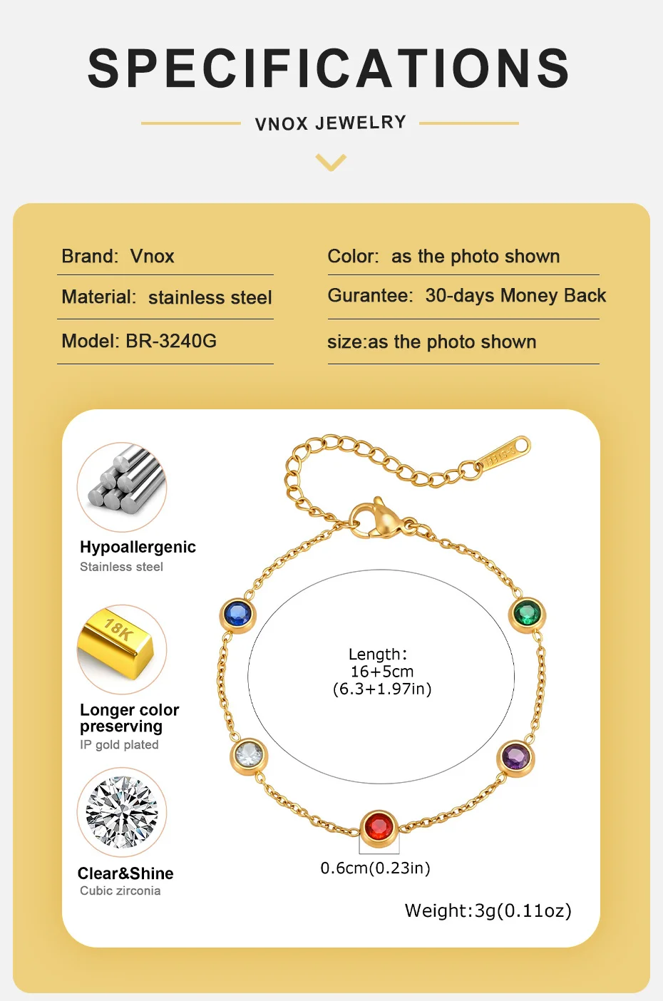 Vnox Minimalistisches, vergoldetes, mehrfarbiges Zirkonia-Schmuckset mit Halskette, Ohrringen und Armband für Damen, trendiger, farbenfroher Kristallschmuck – Detail 4