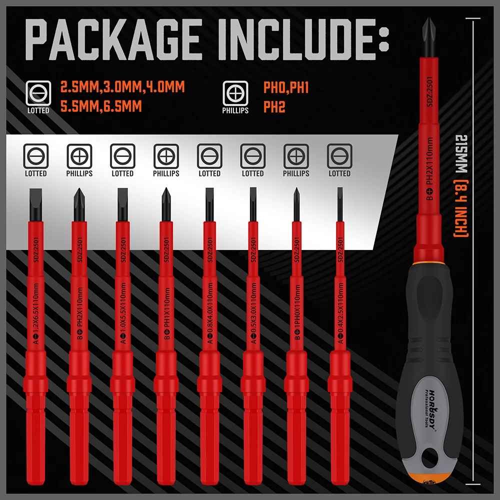 HORUSDY 9PC Insulated Screwdriver Set | 1000V Rated, CR-V Magnetic Tips, Interchangeable Handle, GS Certified | Electrician Tool