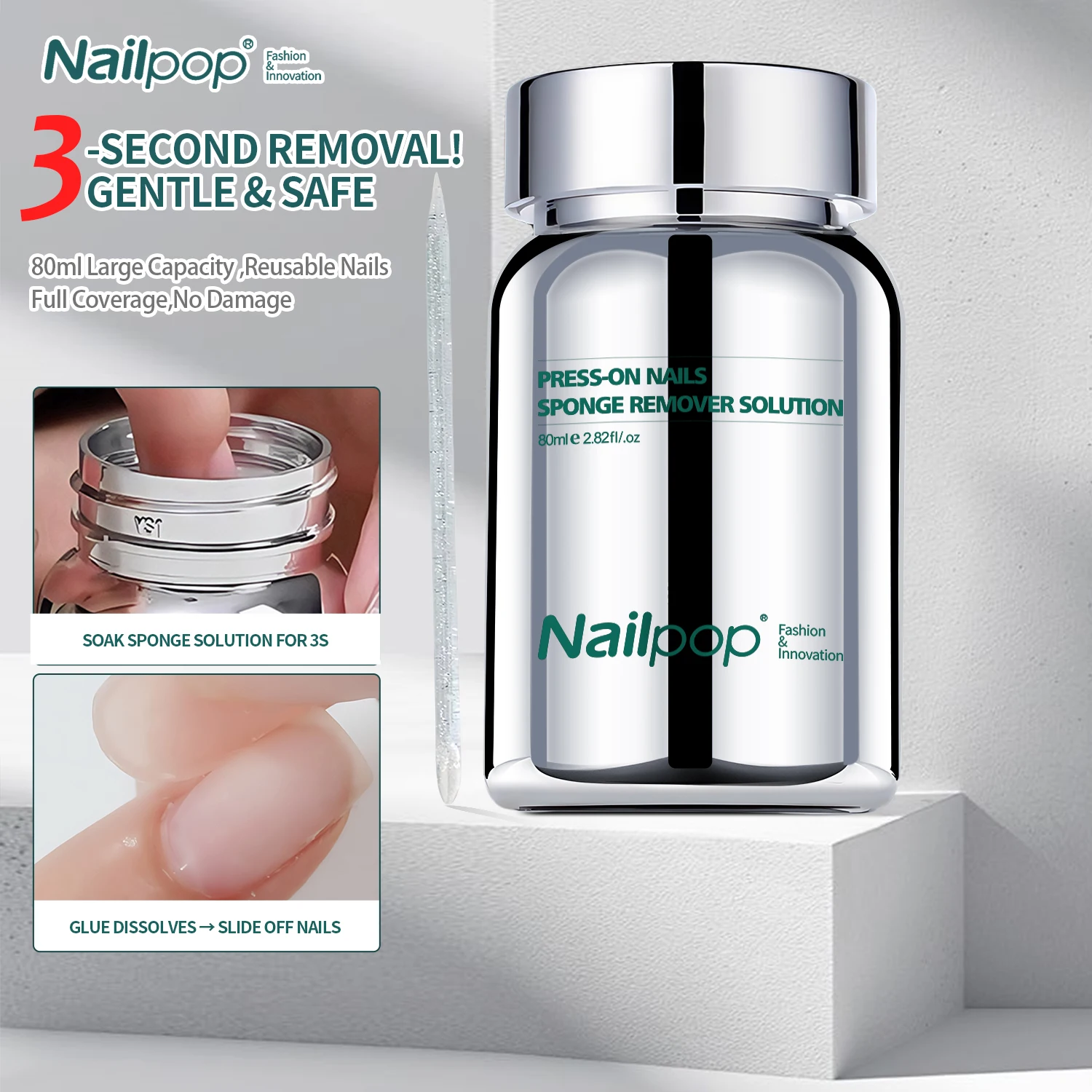 

80ml Nail Sponge Remover 3-5s Soak Quickly Removes Gel Press On Fake Nails Gentle Reusable Quick Nail Glue Remover Press On Nail