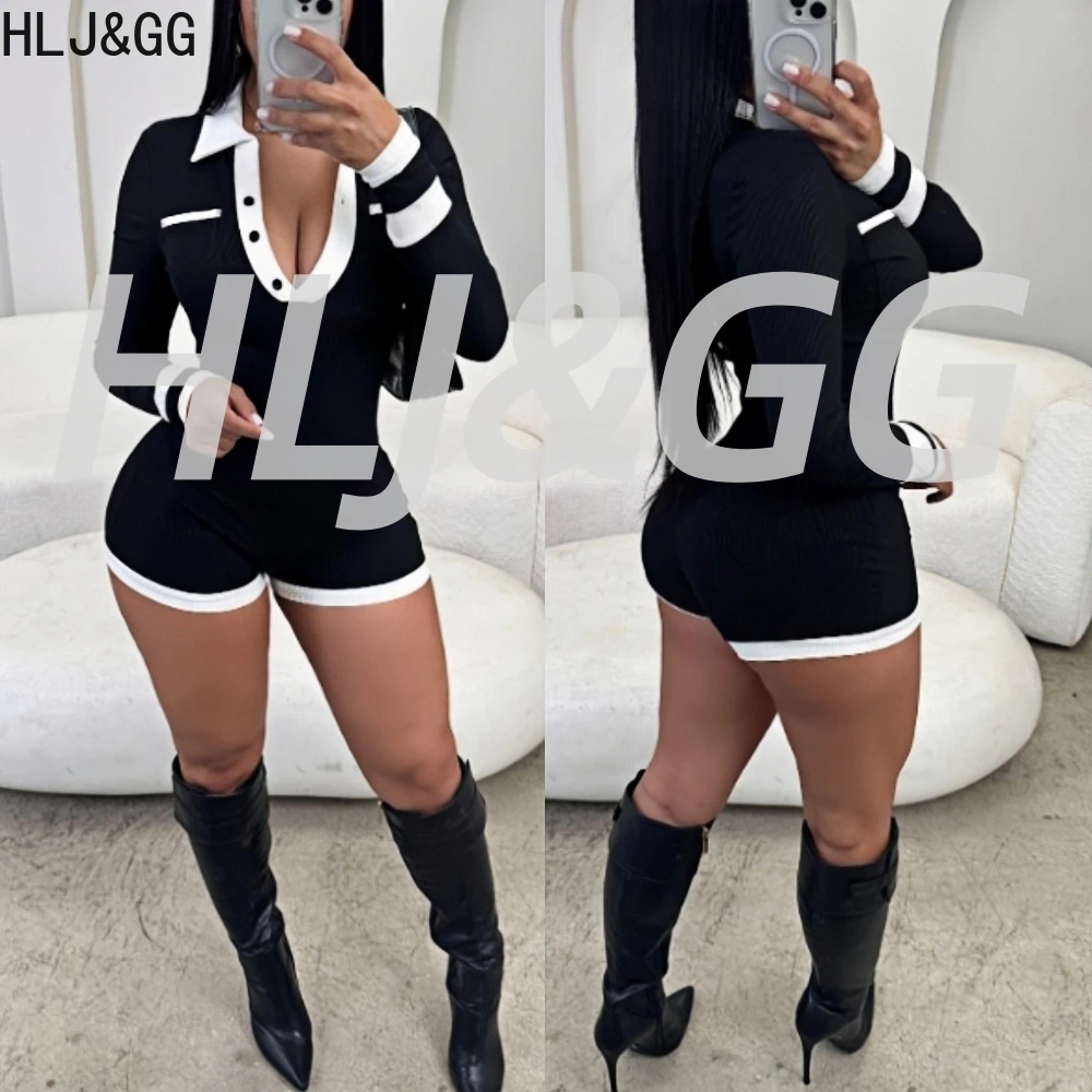 

HLJ&GG Black Fashion Color Splice Bodycon One Piece Rompers Women Lapel Button Long Sleeve Slim Jumpsuits Female Overalls 2025